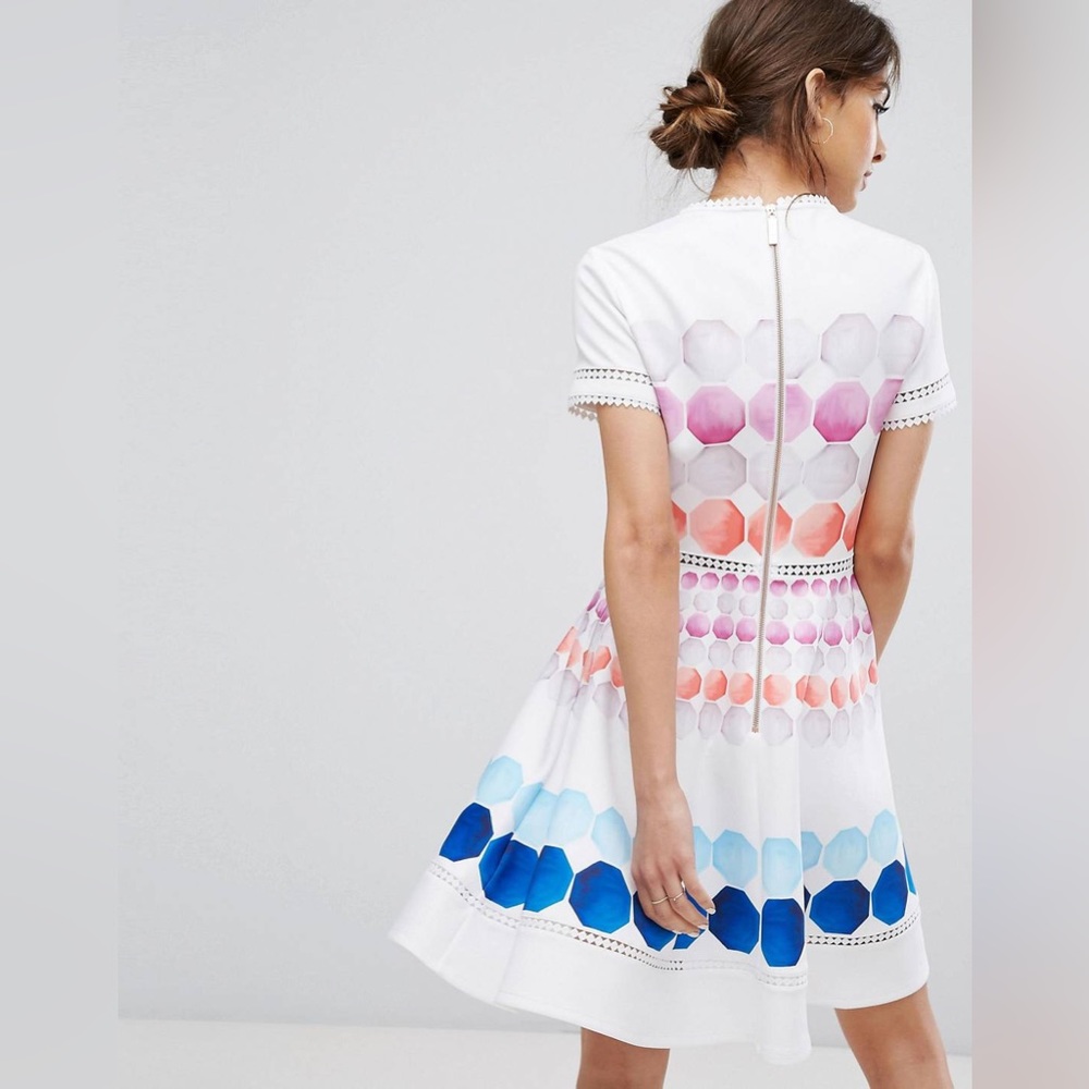 Ted Baker White Dress with Pink, Coral and Blue Hexagon Print - Picture 3 of 14
